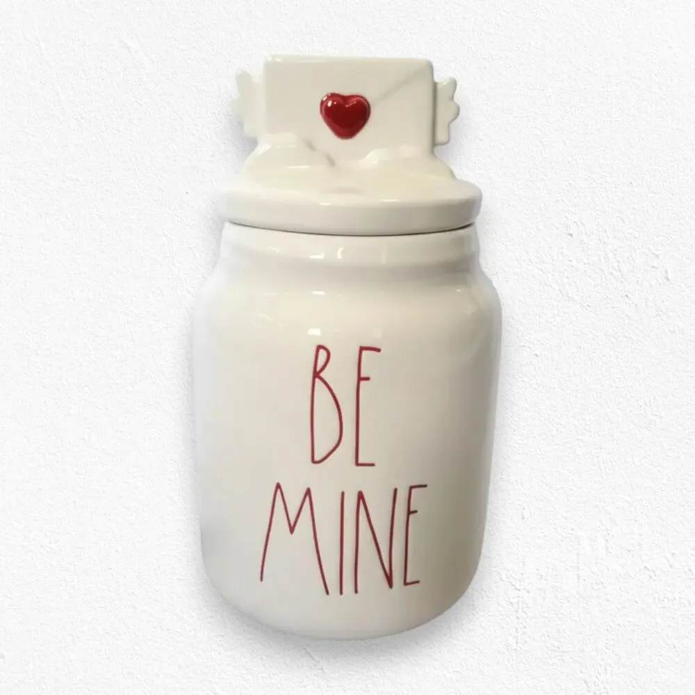 Rae Dunn Be Mine Red White Hearts Lidded Ceramic Canister Container Cookie Jar